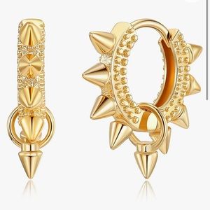 Gold Huggie 14k Gold Plates Spike Punk Edgy Dangle Drop Mini Hoop Earrings